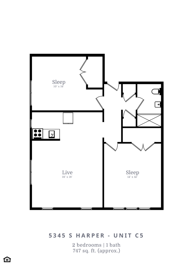 Floor plan for 2 beds, 1 bath, 747 sqft